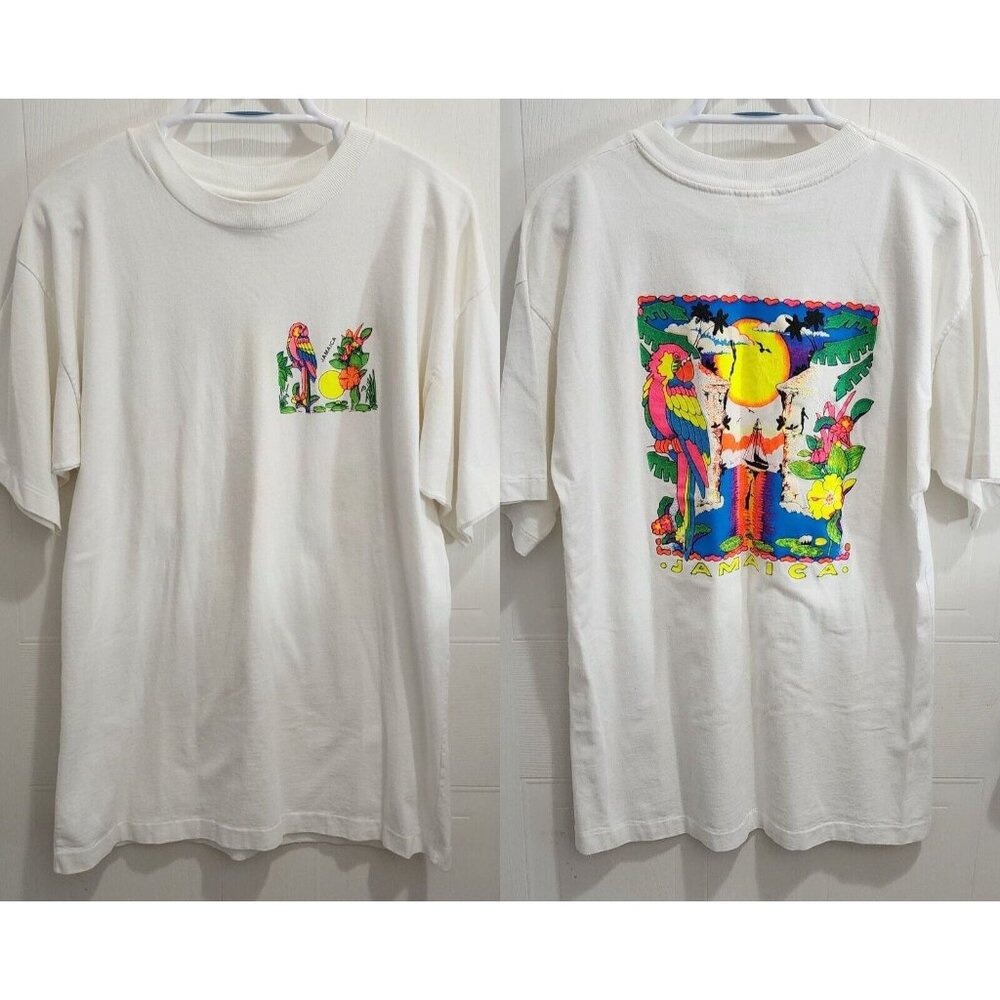 VTG Jamaica Neon Colorful Tropical Bird‎ Parrot Single Stitch T Shirt Size XL